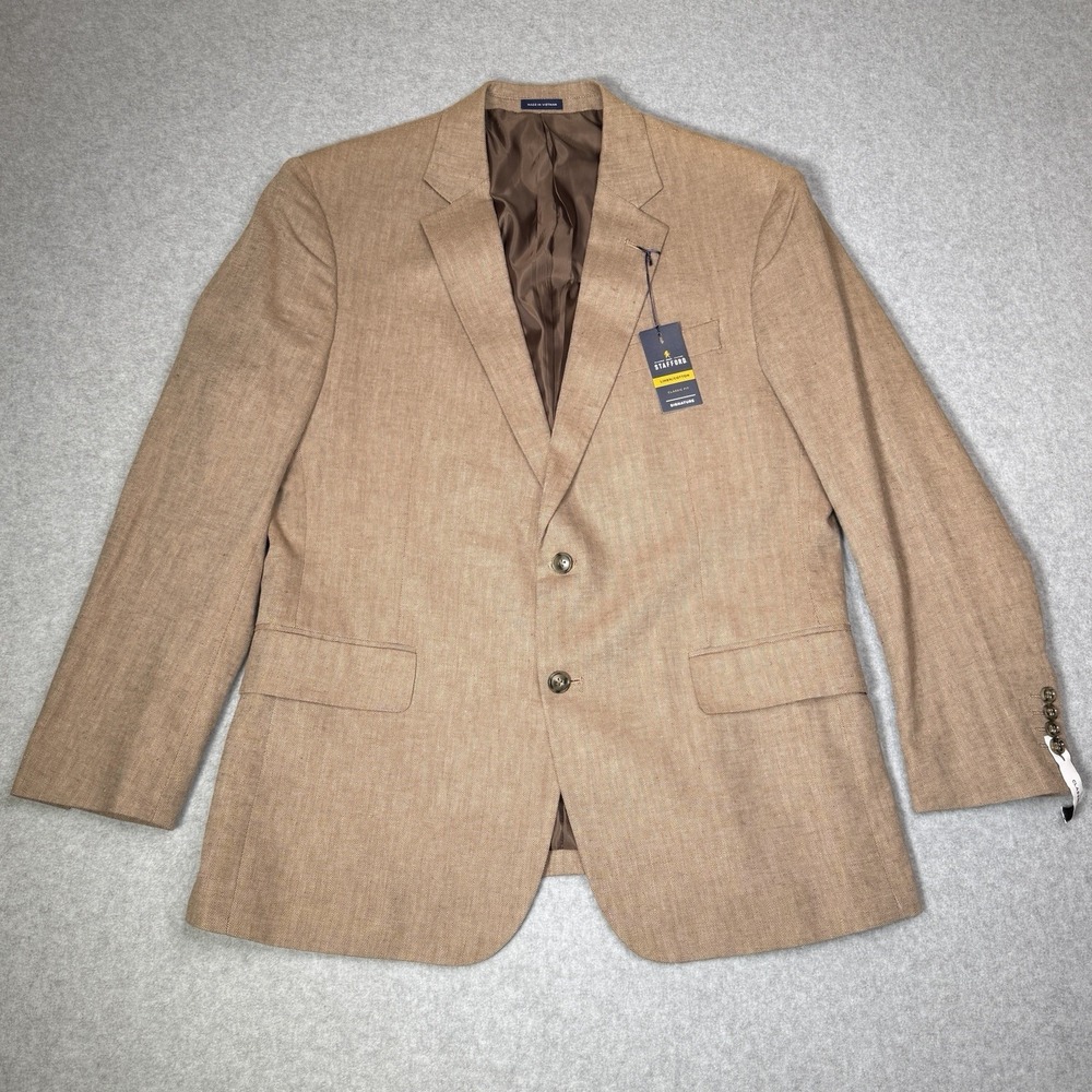 Stafford Signature Classic Brown Herringbone Linen Cotton Sport Coat Men's 44 S
